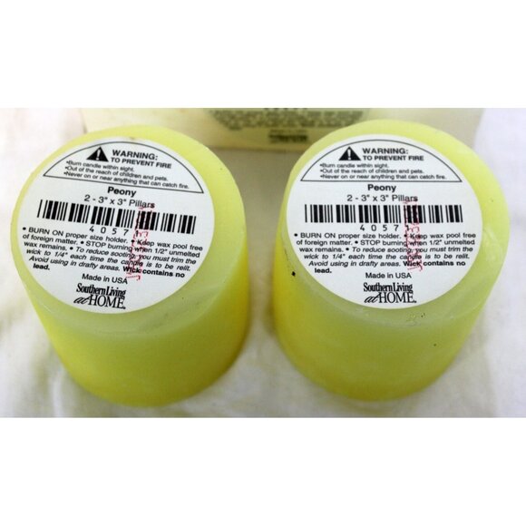 NEW Southern Living 2 Peony Scented Pillar Candles Yellow Short 3" Tall #40571 - Picture 5 of 6